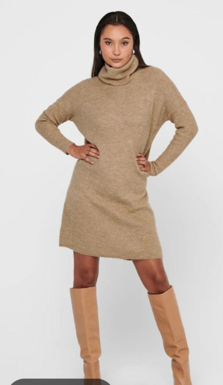 Athleta Sweater Dress Women L British Tan Cowl Neck Asymmetrical Seam Knit Cozy